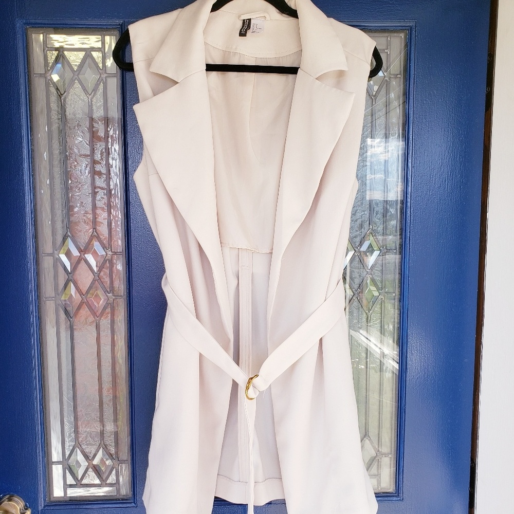 Ivory belted sleeveless longline duster, size 14